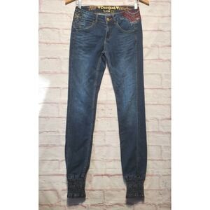 DESIGUAL Pakaian Jadi Wanita Jeans Size 26 Embroidered Sequined Boho Art